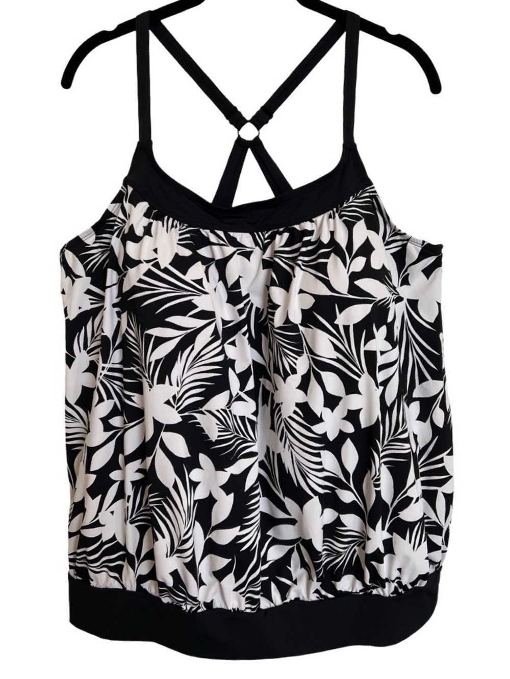 Croft & Barrow Black & White Floral Blouson Banded Bottom Tankini Swim Top SZ XL